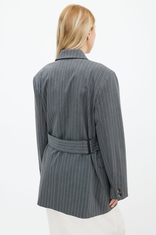 Ganni Grey Asymmetrical Pinstripe Belted Blazer