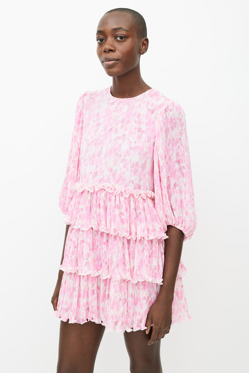 Ganni Pink & White Abstract Pleated & Ruffle Mini Dress