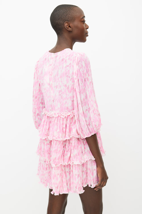 Ganni Pink & White Abstract Pleated & Ruffle Mini Dress