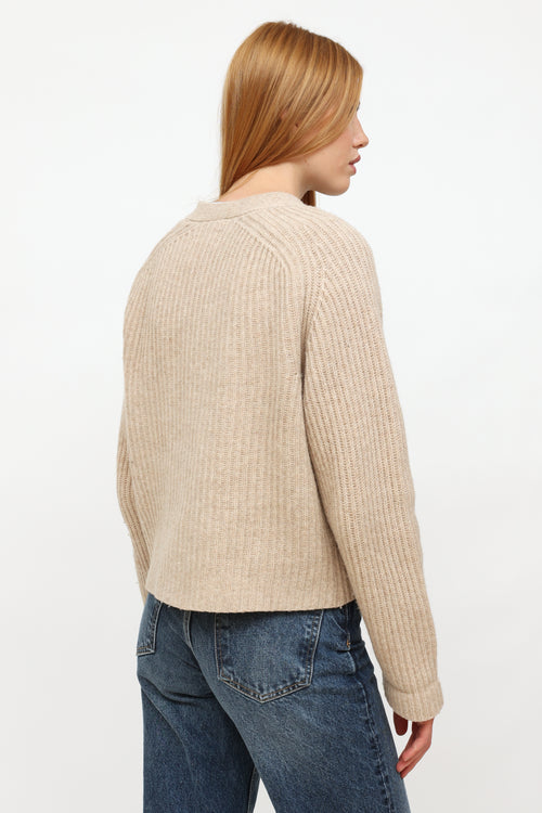Ganni Beige Wool Ribbed Cardigan Sweater