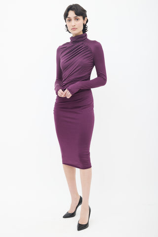 Giambattista Valli Purple Gather High Neck Long Sleeve Dress