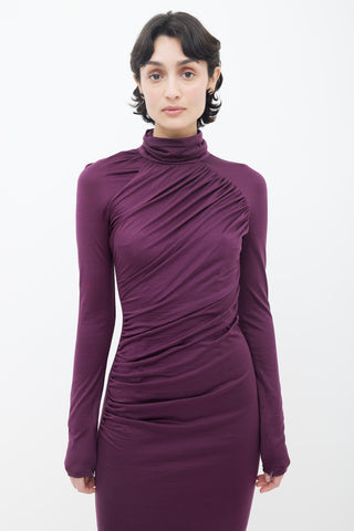 Giambattista Valli Purple Gather High Neck Long Sleeve Dress