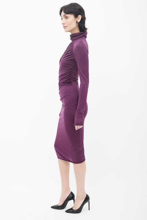 Giambattista Valli Purple Gather High Neck Long Sleeve Dress