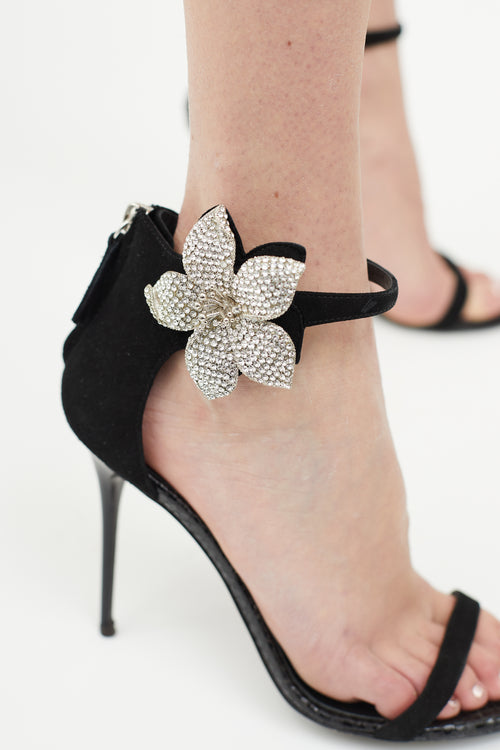 Giuseppe Zanotti Black Suede & Crystal Flower Sandal Heel
