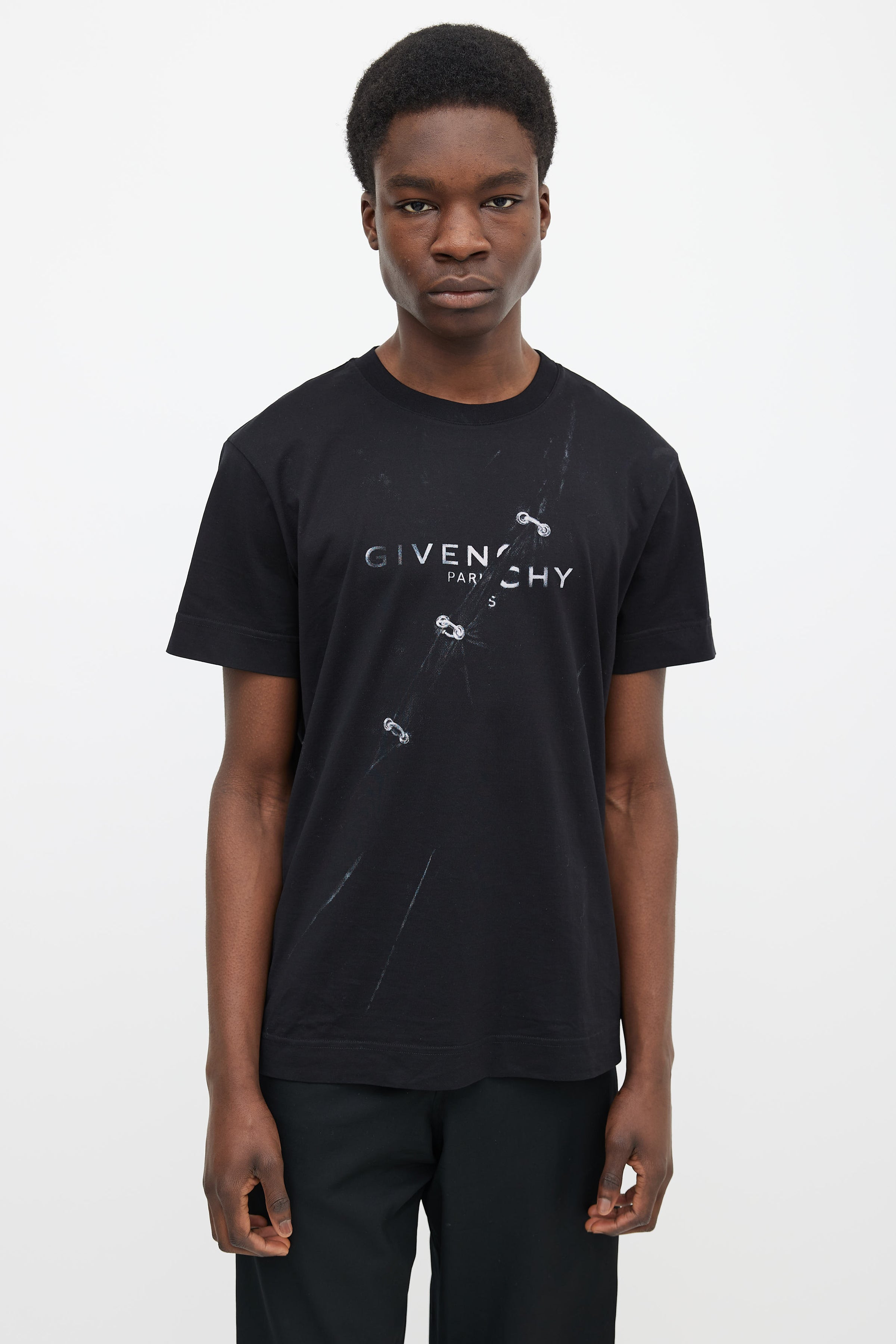 Givenchy // Black Cotton & Grey Printed Pierced Tear Logo T-Shirt 