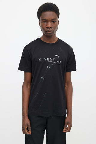 Givenchy Black Cotton & Grey Printed Pierced Tear Logo T-Shirt
