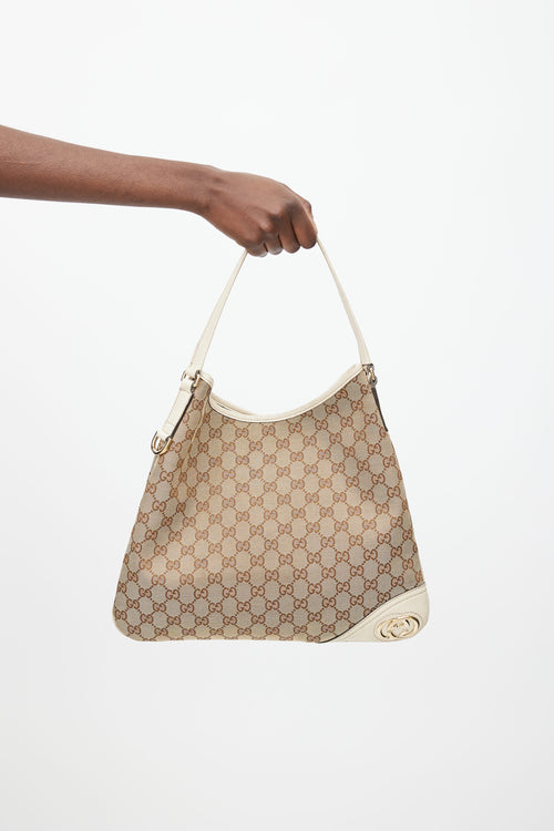 Gucci Brown & Cream Canvas Monogram Britt Shoulder Bag