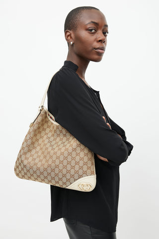 Gucci Brown & Cream Canvas Monogram Britt Shoulder Bag