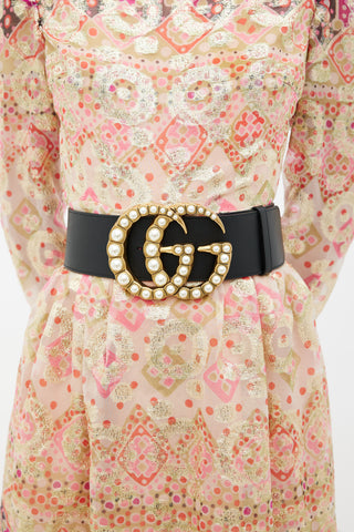 Gucci Black Leather Oversized GG Pearl Buckle Belt