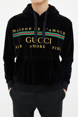 Gucci Black Velour Embroidered Hoodie