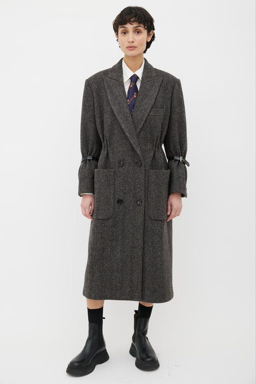 Gucci Black & Grey Herringbone Buckle Pleated Coat