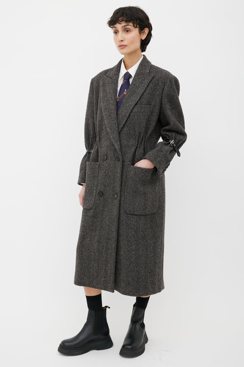 Gucci Black & Grey Herringbone Buckle Pleated Coat