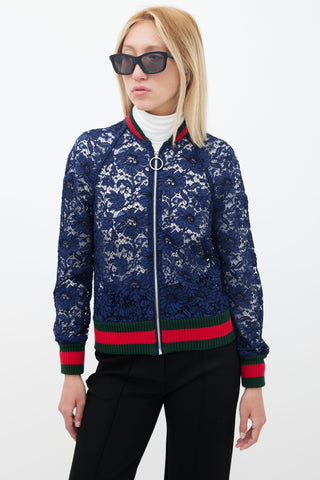 Gucci Navy Lace Striped Trim Bomber Jacket