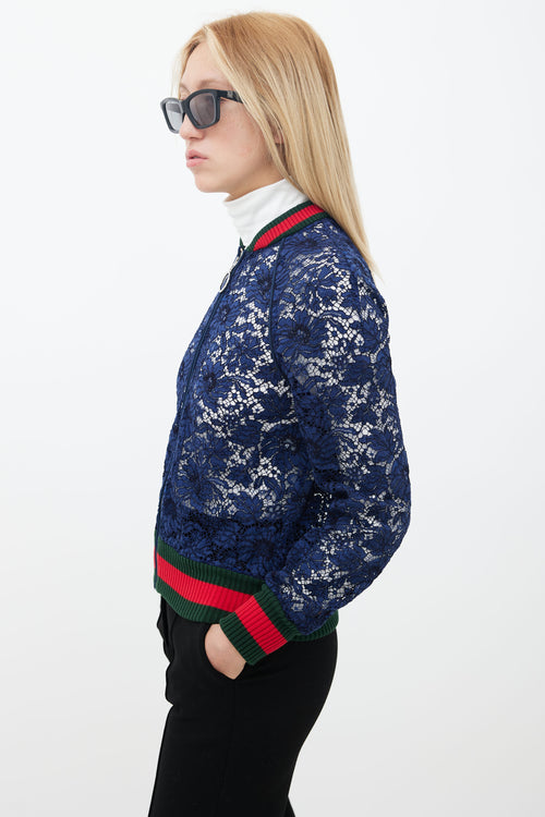 Gucci Navy Lace Striped Trim Bomber Jacket