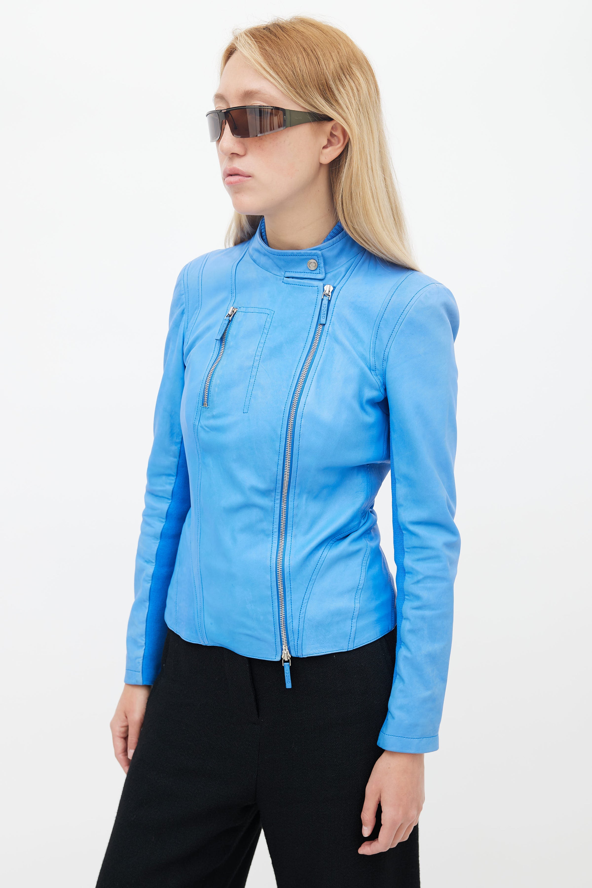 Fremragende Medarbejder Claire Gucci // Blue Leather Asymmetric Jacket – VSP Consignment