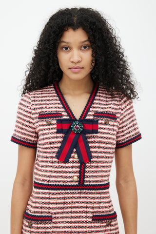 Gucci Navy & Red Web Grosgrain Bow Broach