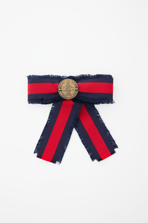 Gucci Navy & Red Web Grosgrain Bow Broach