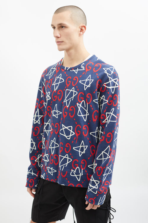 Gucci Blue, Red & White Cotton Ghost Star Sweater