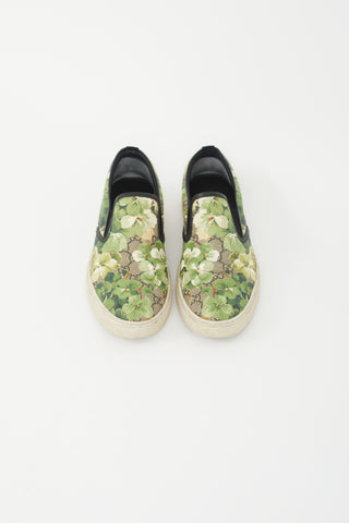 Gucci Brown & Green Blooms Monogram Slip On Sneaker