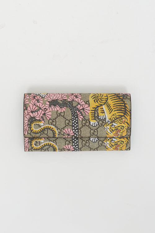 Gucci Brown & Multicolor Leather Jungle Printed GG Supreme Long Wallet