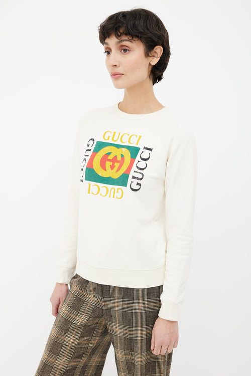 Gucci Cream Distressed Logo Sweatshirt