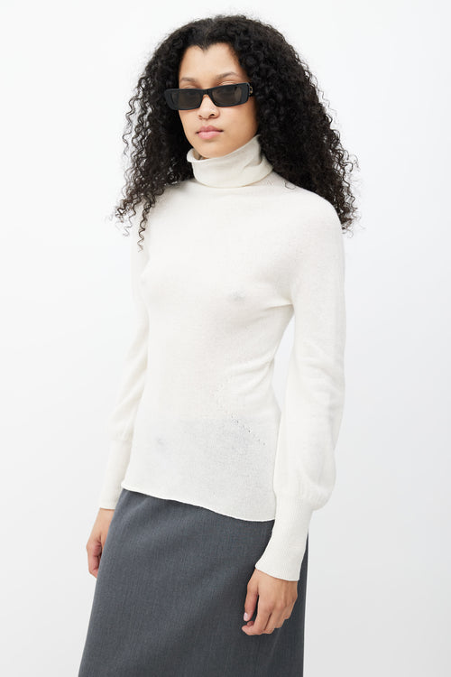Gucci Cream Cashmere Side Ruched Turtleneck Sweater