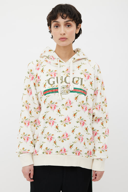 Gucci Cream Cotton Pink Floral Print Hooded Sweater
