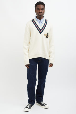 Gucci Cream Wool Knit Bee Patch Sweater