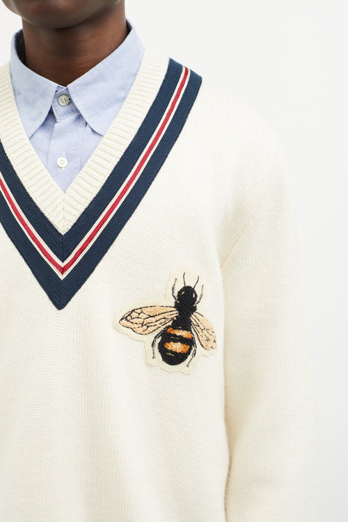 Gucci Cream Wool Knit Bee Patch Sweater