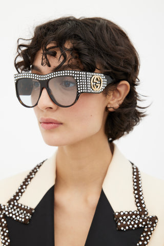 Gucci Dark Brown Printed Oversized Rhinestone Sunglasses