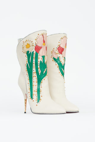 Gucci FW17 Cream Leather Flower Intarsia Boot
