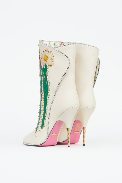 Gucci FW17 Cream Leather Flower Intarsia Boot