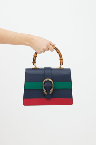 Gucci Navy, Green & Red Leather Stripe Dionysus Bamboo Handle Bag