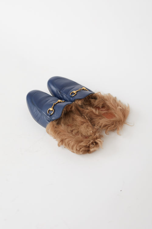 Gucci Navy Leather Princetown Fur Loafer Mule