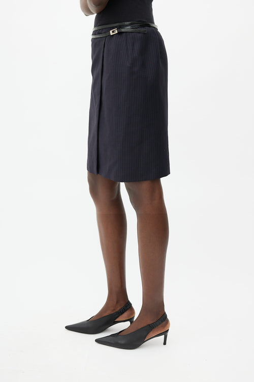 Gucci Navy Pinstripe Belted Wrap Skirt