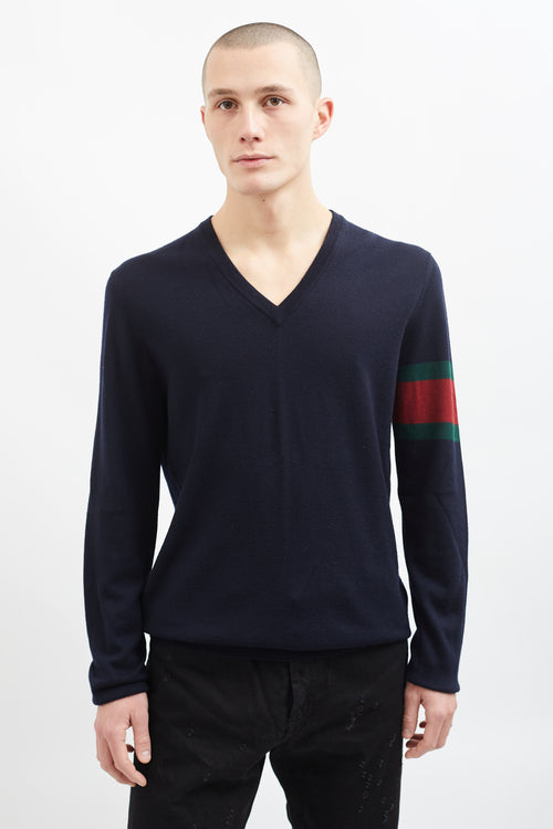 Gucci Navy Wool Arm Stripe  Sweater