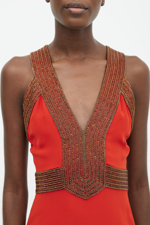 Gucci Orange Beaded V-Neck Maxi Dress