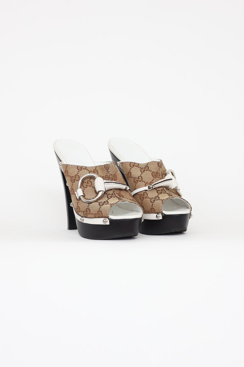 Gucci White & Beige Canvas Clog Heels