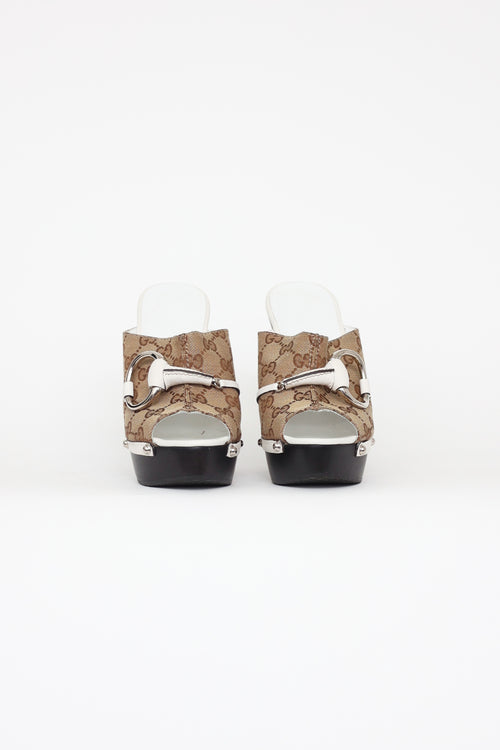 Gucci White & Beige Canvas Clog Heels