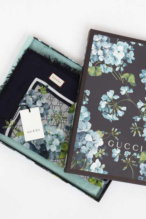 Gucci 2017 Blue Modal & Silk New Blooms GG Scarf