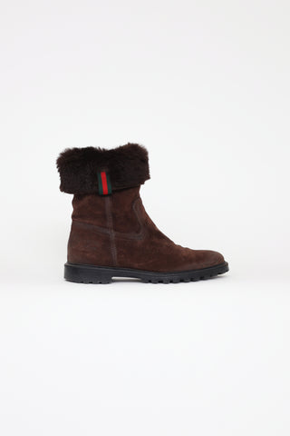 Gucci Brown Suede Web Fur Lined Boots