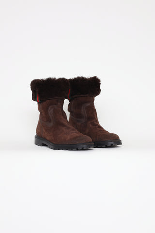 Gucci Brown Suede Web Fur Lined Boots