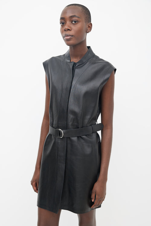 Hermès Black Leather Belted Sleeveless Dress