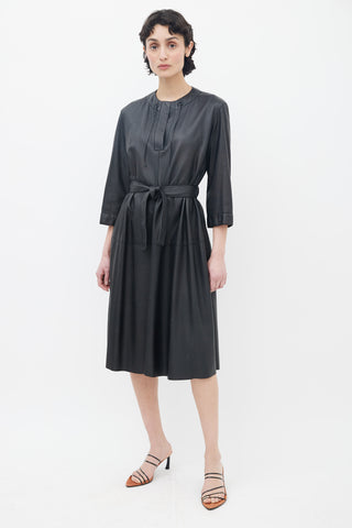 Hermès Black Leather V-Neck Belted Midi Dress