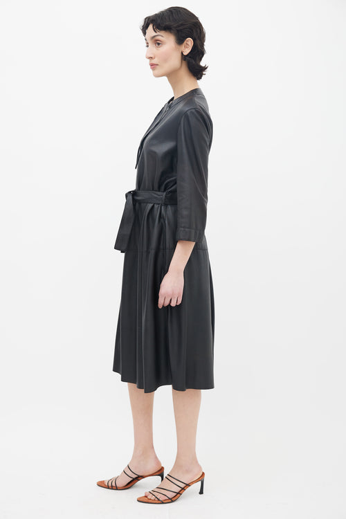 Hermès Black Leather V-Neck Belted Midi Dress