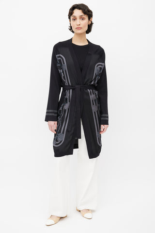 Hermès Black & Grey Silk Print Belted Cardigan