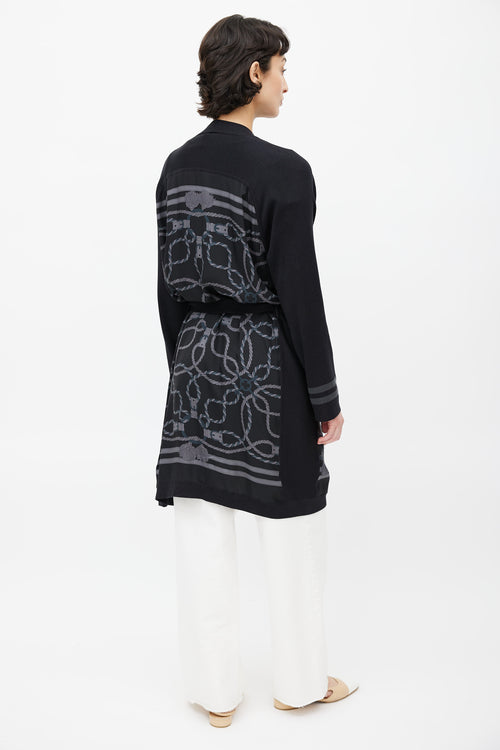 Hermès Black & Grey Silk Print Belted Cardigan