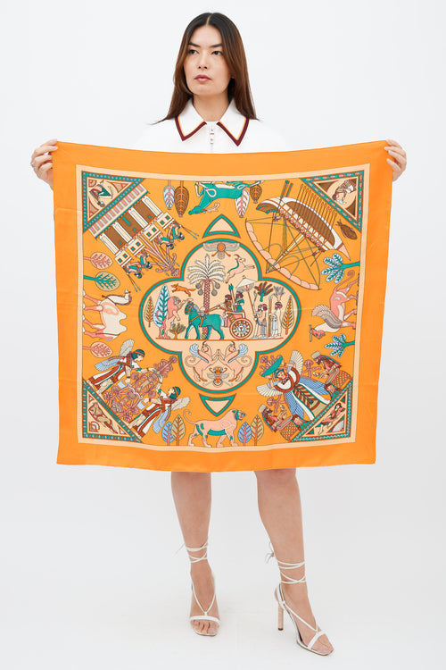 Hermès Orange & Multicolor Silk Persepolis Scarf