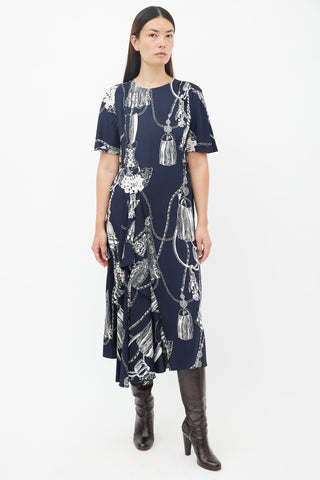 Hermès Navy & Cream Silk Printed Ruffled Dress