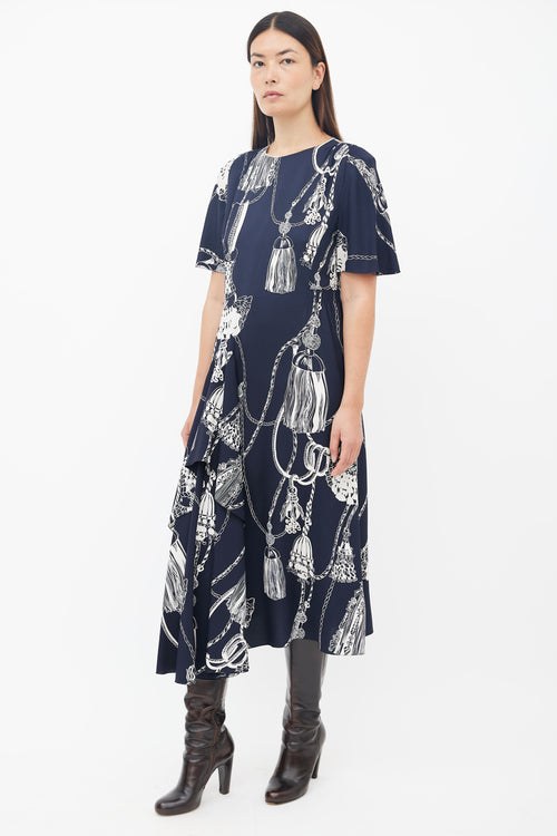 Hermès Navy & Cream Silk Printed Ruffled Dress